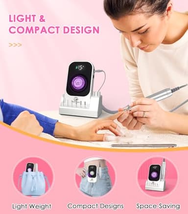 Portable Nail Drill Electric File: 40000RPM Professional Rechargeable Nail E-File Machine, Cordless Nail Drill with Bits & Base for Acrylic Nails Remove Nail Gel Polish Manicure for Salon Home, White - Image 5