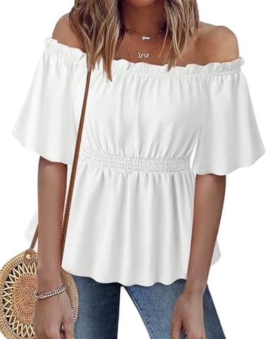 Bebonnie Off The Shoulder Tops for Women: Short Sleeve Sexy Chiffon Blouses - Summer Wedding Guest Dress Shirts - Baby Shower Formal Cocktail Evening Outfits for Guest White L - Image 3
