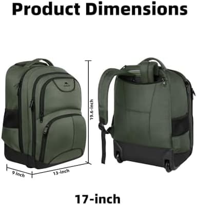 MATEIN Rolling Backpack, 17 Inch Travel Laptop Backpacks with Wheels, Water Resistant Large Roller Carry On Luggage Wheeled, Trolley Overnight Suitcase Business College Computer Bag, Green - Image 6