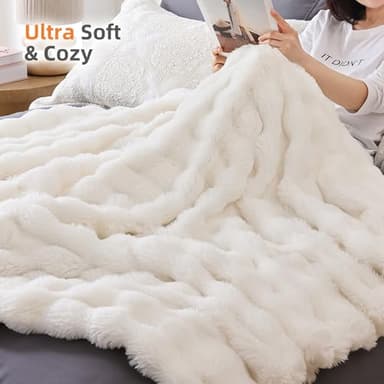 Smoofy Faux Fur Throw Blanket for Couch – Cream White Fluffy Cozy Rabbit Fleece, Plush Soft Bubble Blanket for Sofa & Bed, for Mom, Warm Fuzzy Home Room Decor Throw 50" x 60" - Image 4
