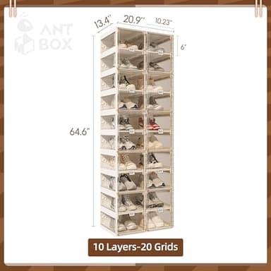 ANTBOX Foldable Shoe Rack,Shoe Organizers for Closet Plastic Shoe Storage Box for Entryway,Living Room,Large Sturdy Stackable Sneaker Cabinet Bins with Magnetic Clear Door 10 Tiers 20 Pairs - Image 3