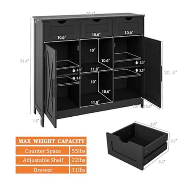 Viaozutis Storage Cabinet, Coffee Bar Cabinet with 2 Adjustable Shelves, 3 Drawers, and 2 Doors, for Bathroom, Kitchen, Living Room (Black) - Image 2