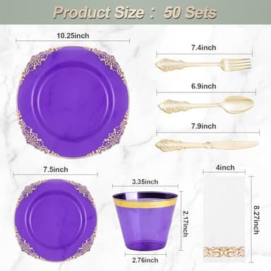 Bestluck 350PCS Clear Purple Plastic Plates for 50 Guests, Disposable Plates with Gold Trim include 50 Dinner Plates, 50 Dessert Plates, 150 Gold Silverware, 50 Cups, 50 Napkins for Party, Wedding - Image 2