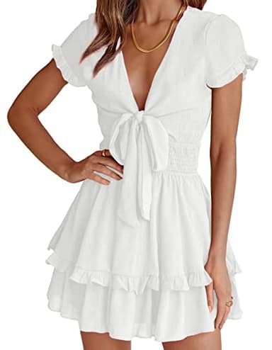 PRETTYGARDEN Women Summer Short Dress 2025 Casual V Neck Short Sleeve Tiered Bow Mini Sun Dresses Beach Vacation Sundress(White,Small) - Image 1