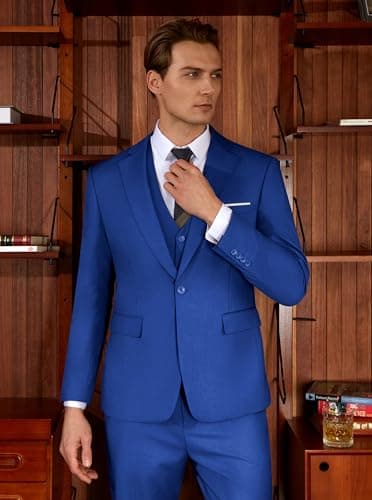 WULFUL Men’s Slim Fit Suit One Button 3-Piece Blazer Dress Business Wedding Party Jacket Vest & Pant Royal Blue - Image 8