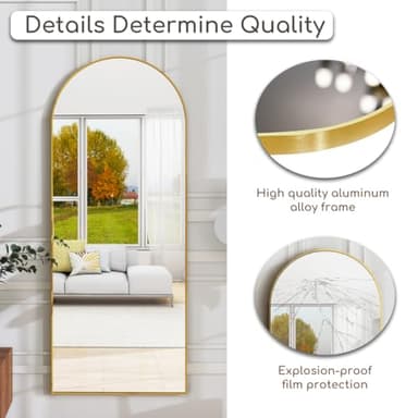 Prywot Arched Full Length Mirror, 70"x26" Free Standing Floor Mirror, Modern Full Body Mirrors with Stand, Wall Mirrors with Aluminum Alloy Frame for Bedroom,Living Room, Gold - Image 8