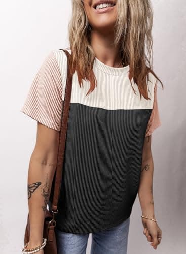 Dokotoo Women's Clothing Colorblock Crewneck Short Sleeve Shirt Spring Sweatshirts Business Casual Loose Ladies Clothes Shirts Summer Outfits for Women Trendy Black Large - Image 3