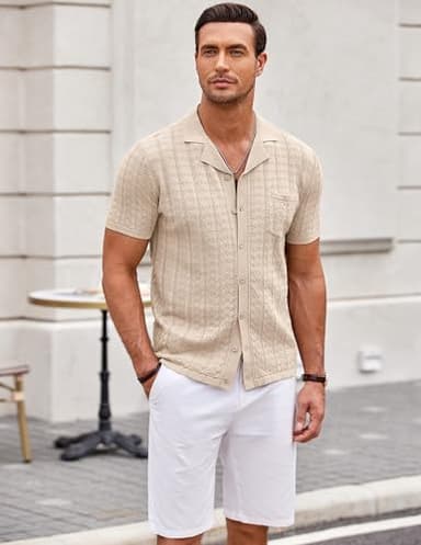 COOFANDY Men's Knit Button Down Shirt Short Sleeve Vintage Polo Shirts Summer Casual Beach Tops Light Khaki - Image 6