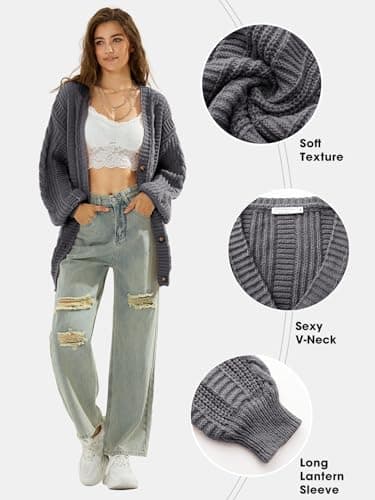 EXLURA Womens 2025 Oversized Cardigan Sweaters Fall Winter Lightweight Soft Knit Cardigan Open Front Button Outwear Coats Grey - Image 3