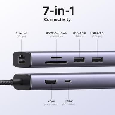 UGREEN Revodok 7 in 1 USB C Hub Gigabit Ethernet Adapter 4K@60Hz HDMI, 100W PD Charging, USB A Data Ports, SD/TF Card Reader Compatible with Mac M1, M2, M3, iPad, iPhone 15 Pro/Pro Max, Steam Deck - Image 2