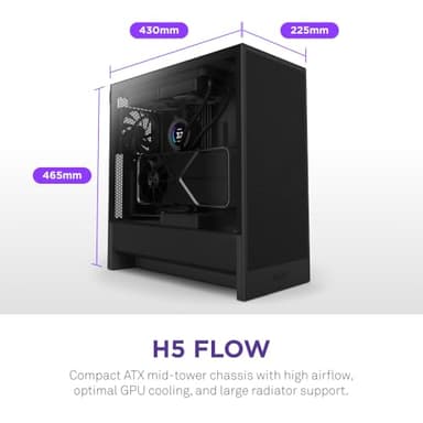 NZXT H5 Flow 2024 - Compact ATX Mid-Tower PC Gaming Case - High Airflow - 2 x 120mm Fans Included - 360mm Front & 240mm Top Radiator Support - Cable Management System - Tempered Glass - Black - Image 2
