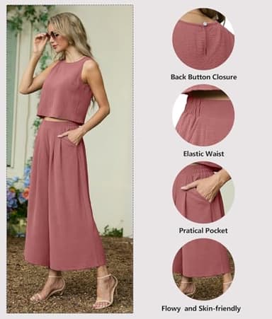 Lepunuo Womens Summer 2 Piece Outfits Sleeveless Crop Top Flowy Wide Leg Pants Matching Sets Vacation Beach Travel Outfits - Image 2