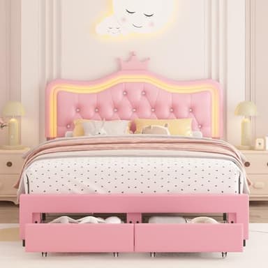 Keyluv Full Upholstered LED Bed Frame with Storage Drawer, Leather Princess Platform Bed with Adjustable Crystal Button Tufted Crown Headboard, Solid Wooden Slats Support, No Box Spring Needed, Pink - Image 5