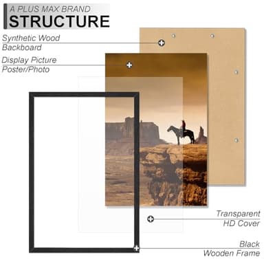 A PLUS MAX 20x30 Picture Frame, Black Engineered Wood Frame for 20 x 30 Inch Picture Poster Photo, Light Weight 20 by 30 Frame with Wood-grain for Wall - 1 Pack/Black/20 x30 - Image 3