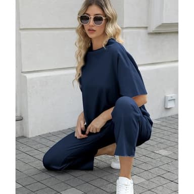 SeeLuNa Women's Two Piece Outfits 3/4 Batwing Sleeve Capelet Crew Neck Pullover Top Wide Leg Pants Lounge Set(Navy, L) - Image 7