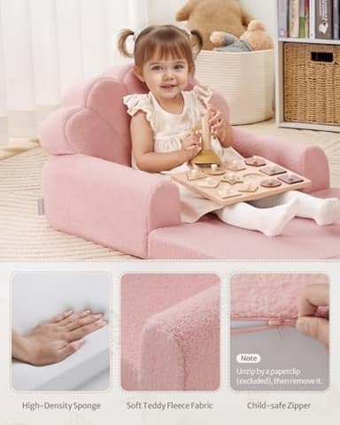 Blissful Diary Kids Couch, 2-in-1 Soft Toddler Couch Fold Out, Toddler Chair Comfy, Convertible Sofa to Lounger, Kids Furniture for Playroom, Gift for Birthday, Children's Day, Pink Shell - Image 5