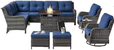 Belord Outdoor Sectional Furniture Sofa Set with Propane Fire Pit Table, Wicker Patio Conversation Set with 2 Swivel Rocker Glider Chairs Blue Cushion Perfect for Backyard Casual Gathering - Image 3