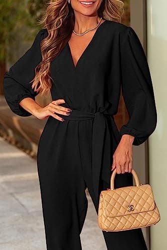 PRETTYGARDEN Women's Spring Fall Jumpsuits Casual Dressy One Piece Outfits V Neck Long Sleeve Belt Pockets Long Pants Romper (Black,Large) - Image 2