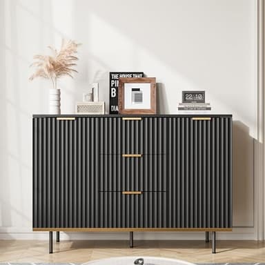 Buffets & Sideboards, Fluted Sideboard Cabinet, 2 Door 3 Drawer Design, Acceent Black Sideboard - Elegant Cabinet Ideal for Dining Room and Kitchen Storage 47.2 inch - Image 3