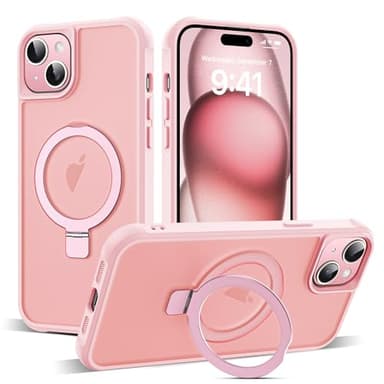 SKYLMW Compatible with iPhone 15 Case with Invisible Magnetic O-Ring Stand Military-Grade Translucent Case for iPhone 15 6.1" [Compatible with Mag-Safe][Great Grip Feeling], Pink - Image 1