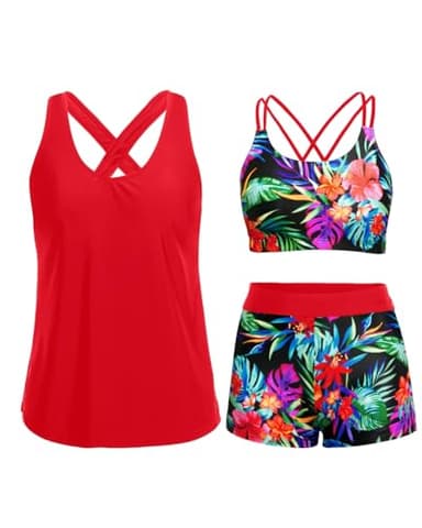 Holipick Red Floral 3 Piece Tankini Swimsuits for Women Tummy Control Bathing Suits Swim Tank Top with Bra Boy Shorts Teen Swimwear L - Image 1