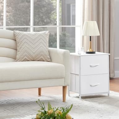 Somdot White Nightstand, Small Dresser for Bedroom with 2 Drawers, Bedside Table Night Stand End Table with Fabric Bins for Bedroom Kids Closet Dorm Guest Room, White Leather - Image 8