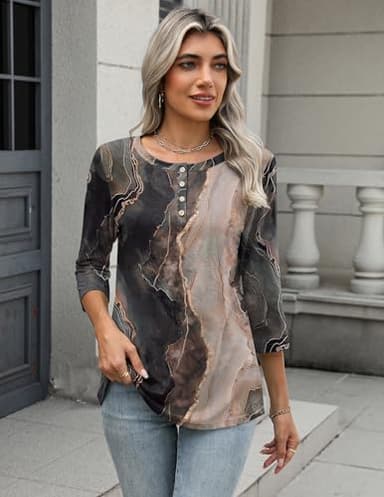 Zeagoo Tops for Women Crew Neck 3/4 Length Sleeve Dressy Shirts Floral Print Boho Blouses Loose Fit Fashion Clothes XXL - Image 4