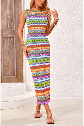PRETTYGARDEN Womens Maxi Tank Spring Dress Sleeveless Crew Neck Striped Side Slit Casual Long Bodycon Dresses (Green,Large) - Image 5