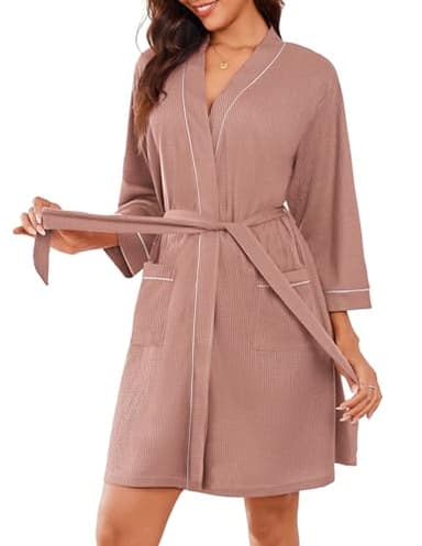 Ekouaer Women Robes Waffle Knee Length Bathrobe Lightweight Soft Sleepwear V neck 3/4 Sleeve Casual Ladies Loungewear Pink M - Image 1