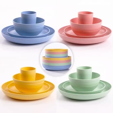 Gudvilla 32 pcs Unbreakable Lightweight Wheat Straw Dinnerware Sets for 8, Reusable Kids Plates and Bowls Sets Non Toxic, Microwave and Dishwasher Safe Plastic Dishes Set, Camping RV Picnic Dishes - Image 8