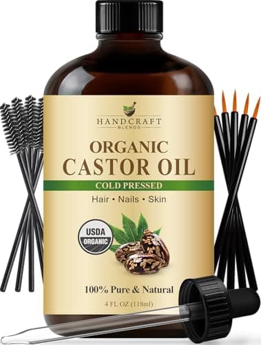 Handcraft Blends Cold-Pressed Organic Castor Oil in Glass Bottle with Lash Brushes - 4 Fl Oz - 100% Pure and Natural - Premium Grade Carrier Oil for Hair Growth, Eyelashes and Eyebrows - Hair and Body - Image 1
