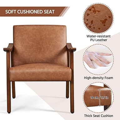 Yaheetech PU Leather Accent Chair, Mid-Century Modern Armchair with Solid Wood Legs, Reading Leisure Chair with High Back for Living Room Bedroom Waiting Room, Brown - Image 9