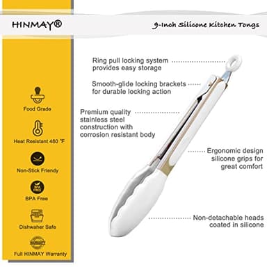HINMAY Silicone Kitchen Tongs 9-Inch Stainless Steel Basics Tongs with Non-Stick Silicone Tips, Set of 3 (White) - Image 2