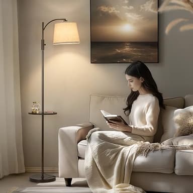 AIDENOEY Fully Dimmable Floor Lamp for Living Room，Standing Lamp Rotary Switch with Table&Linen Beige Shade，Brown Tall Lamps for Bedroom with Adjust Head，9W LED Bulb Included - Image 6