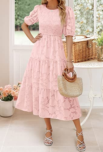 ZESICA Women's 2025 Summer Short Puff Sleeve Crewneck Smocked Floral Lace Flowy A Line Tiered Maxi Dresses,Pink,Large - Image 8