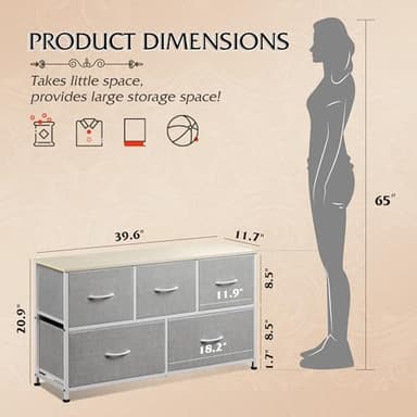 WLIVE Dresser for Bedroom with 5 Drawers, Wide Chest of Drawers, Fabric Dresser, Storage Organization Unit with Fabric Bins for Closet, Living Room, Hallway, Light Grey - Image 3