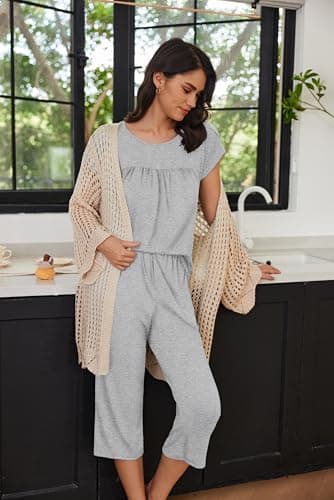 Ekouaer Women's Capris Pajama Set Short Sleeve Capri Pants Loungewear 2 Piece Pajamas Pj Sets with Pockets Light Grey - Image 5