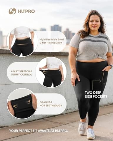 HLTPRO 3 Pack Plus Size Leggings with Pockets for Women - Black High Waisted Tummy Control Soft Yoga Pants for Gym Workout - Image 2