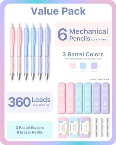 Four Candies Cute Mechanical Pencil Set, 6PCS Pencils 0.5 mm & 0.7mm with 360PCS Lead Refills, Pastel Erasers, Case for School Supplies - Image 2
