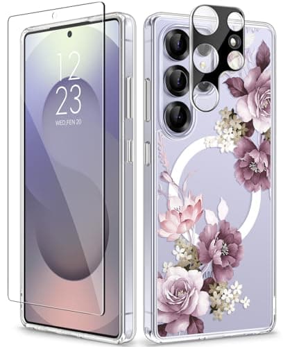 GVIEWIN for Samsung Galaxy S25 Ultra Case, [Compatible with Magsafe][Screen & Camera Lens Protector] Floral Clear Slim Shockproof Protective Women Phone Cover for S25 Ultra 2025 6.9", Cherry Blossoms - Image 1