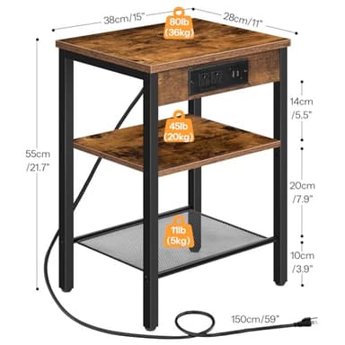 HOOBRO Side Table with Charging Station and USB Port, Small End Table for Small Space, 3-Tier Nightstand with Adjustable Shelf, for Living Room, Bedroom and Balcony, Rustic Brown BF112BZ01 - Image 3