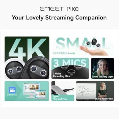 EMEET Piko 4K Webcam for Streaming, World's 1st Dual-Camera AI-Powered 4K Web Cam w/AI Autofocus, 3 Mics Array&3 Sound Modes, USB Webcam with Tripod, Great for Streaming/Gifts, Switch 2 Camera Support - Image 2