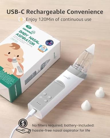 GROWNSY Nasal Aspirator for Baby, Electric Baby Nose Sucker with Larger Suction Chamber and More Powerful Suction, Automatic Nose Cleaner with Music and Light Soothing Function - Image 7