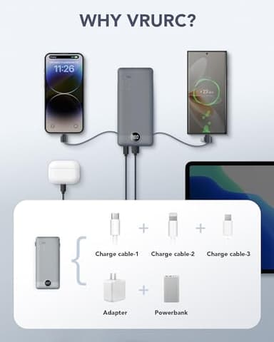 VRURC Portable Charger Built-in Cables and AC Wall Plug, USB C Power Bank 10000mAh, Travel Battery Portable Phone Charger Compact Lightweight External Battery Pack for Smart Phones, Tablets etc-Grey - Image 5