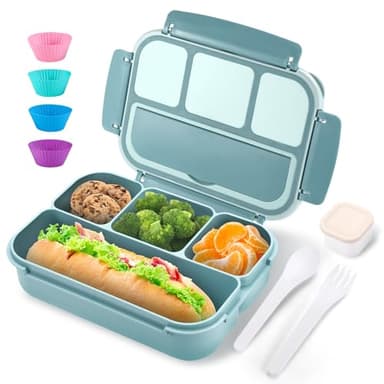 Bento Box Adult Lunch Box for Men Women, Bento Lunch Box for Kids Boys Girls School, Lunch Containers for Adults with 4 Compartments, Utensil Set, Sauce Container, Muffin Cup, Green - Image 1