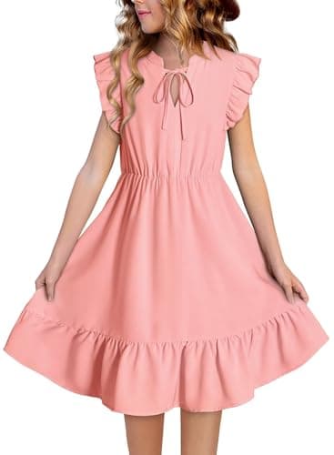 DOKOTOO KIDS Girls Summer Dress Flutter Ruffle Sleeve A-Line Dresses Casual Boho Vacation Sundress Pink 6-7 Years - Image 1