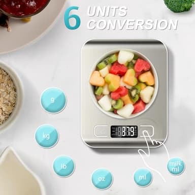 Food Scale, 11lb Kitchen Scale with 6 Units Tare Function & LCD Display, 0.05oz/1g Stainless Steel Digital Food Scale Grams and Ounces for Baking, Cooking, Dieting and Meal Prep (Batteries Included - Image 2