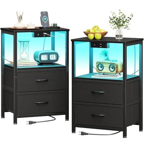 Casaottima Nightstand Set of 2 with Charger Station — USB Ports & Outlet, Bed SideTable with LED Lights, End Table with Fabric Drawers and Open Shelf, Bedside Table Night Stand for Bedroom, Black - Image 1