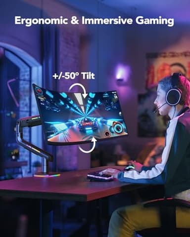 HUANUO RGB Monitor Arm for Ultrawide Screens up to 57″, Heavy-Duty Single Mount Holds 44 lbs, Fully Adjustable Gaming Monitor Arm with C-Clamp & Grommet Base, Max VESA 100 x 100mm - Image 7