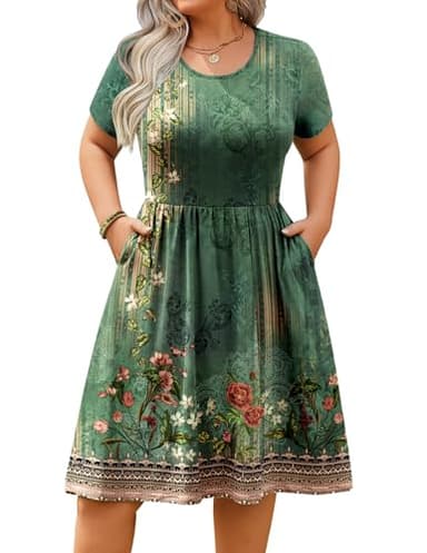IN'VOLAND Womens Plus Size Dresses Short Sleeves Round Neck Casual Dresses Empire Waist Loose Flowy Dress with Pockets Green Floral - Image 1